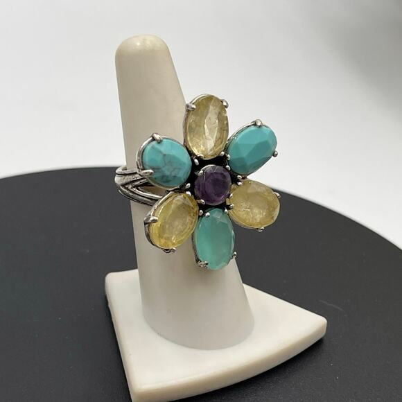 Lucky Brand Flower Resin Glass Amethyst Blue Yellow Purple Ring Sz 7 - Picture 2 of 7